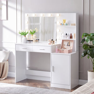 English Elm Vanity 46.4IN Dressing Table with LED Mirror Lights, 2 Spacious Drawers & Vertical Organizer, Eco-Friendly Surface and Adjustable Brightness for Bedroom Use White W2386P200041