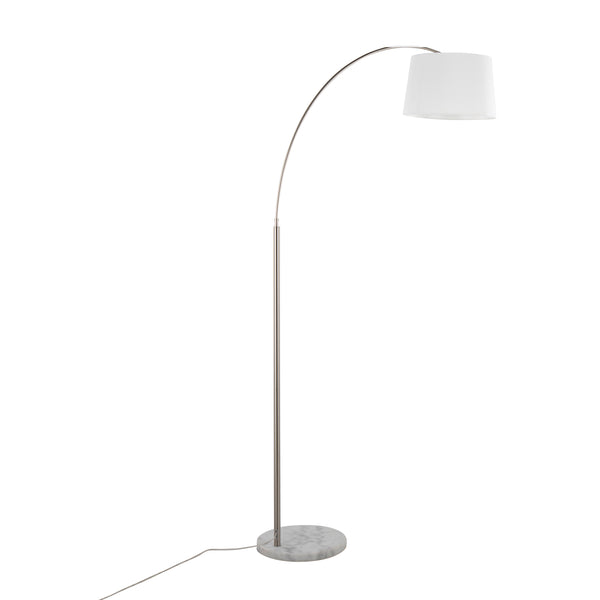 English Elm March Floor Lamp: Elegant Arc Design With White Linen Shade & Marble Base For Modern Interiors B202S01376