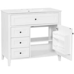 English Elm 36-Inch White Bathroom Vanity With Sink, Modern Mdf & Rubberwood, 3 Drawers & Adjustable Shelf Storage N725P350821K