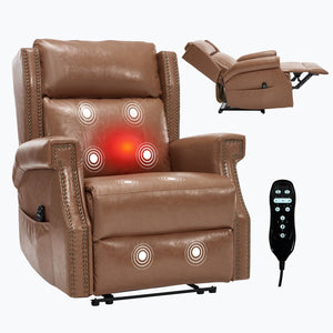 English Elm Emon's Overstuffed Chenille Power Lift Recliner with Massage Heat and Charging Ports Camel W1803S00093