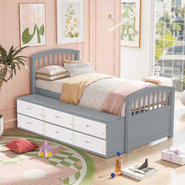 English Elm Twin Platform Bed Solid Pine Frame Six Drawer Storage Clean Modern Bedroom Design N719S000121S