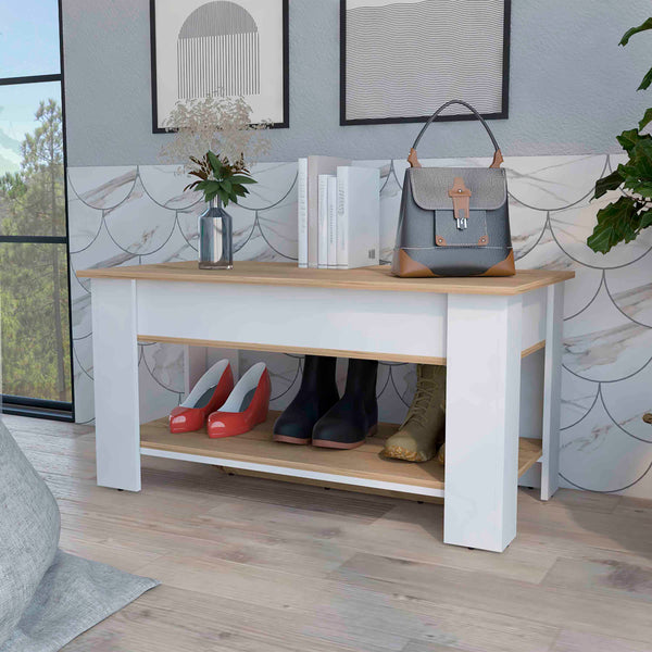 English Elm Daffodil Storage Bench with Liftable Top and Lower Shoe Panel — Light Oak White Accent Seating with 37.3" W Top Compartment Multicolor 44 L x 24 W x 5 H B128P148902