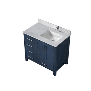 English Elm Navy Bathroom Vanity 36" W x 22" D with Right-Offset Carrara Top, Chrome Faucet, Soft-Close Storage B2731P259054