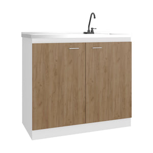 English Elm Zurich Freestanding Stainless Steel Utility Sink with Black Storage Cabinet for Garage Natural+White B200S00456