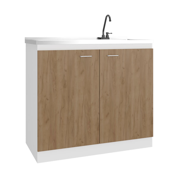 English Elm Zurich Freestanding Stainless Steel Utility Sink with Black Storage Cabinet for Garage Natural+White B200S00456