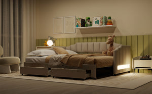 English Elm Twin Extendable Upholstered Daybed with Two Storage Drawers, LED Light, Slat Kit Included for Guests Beige N7500002061A