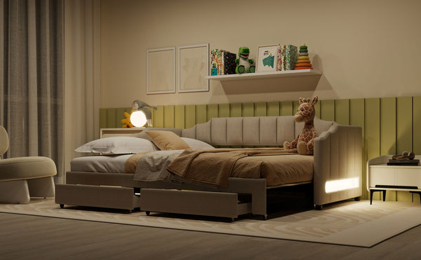 English Elm Twin Extendable Upholstered Daybed with Two Storage Drawers, LED Light, Slat Kit Included for Guests Beige N7500002061A