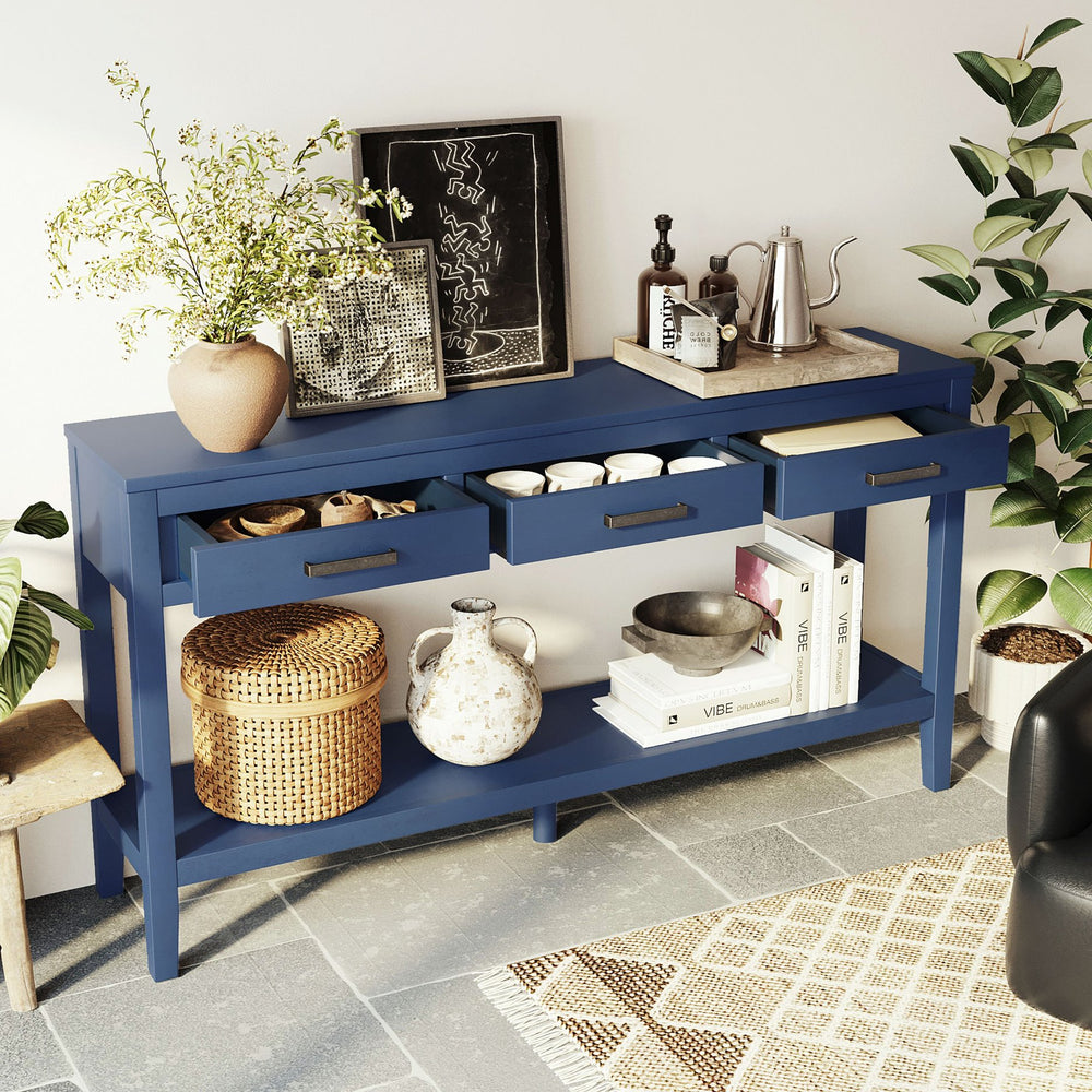 English Elm U_style Farmhouse Console Table with Three Drawers Open Shelf Entryway Organizer Navy Blue N711P410445V