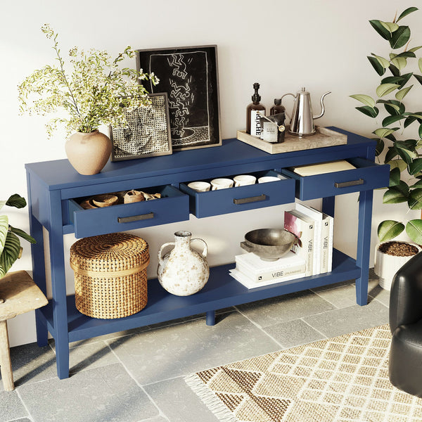 English Elm U_style Farmhouse Console Table with Three Drawers Open Shelf Entryway Organizer Navy Blue N711P410445V