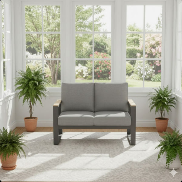 English Elm 52" Powder-coated Aluminum Outdoor Loveseat with Ergonomic Recline and Foam Cushions Black+Grey B082P455132