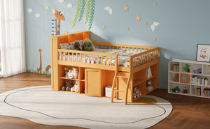English Elm Full Size Kids Loft Bed with Led Headboard Open Shelving and Natural Wood Frame Natural N7090005024N