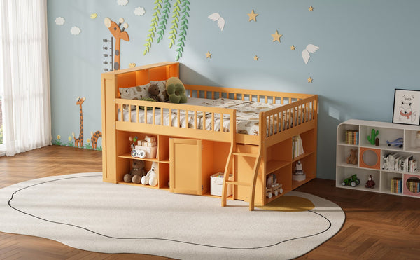 English Elm Full Size Kids Loft Bed with Led Headboard Open Shelving and Natural Wood Frame Natural N7090005024N