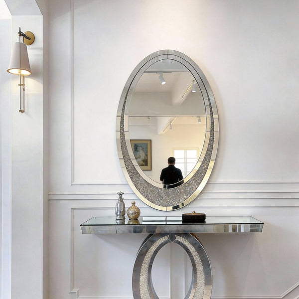 English Elm Oval Frameless Wall Mirror with Crushed Crystal Inlay Glam Silver Accent Decor W3836P427781