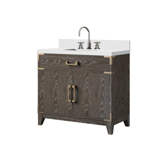 English Elm Brown Oak Single Bath Vanity 36" W X 22" D With Cultured Marble Top & Complete Faucet Set, Stylish Storage B2731P259785