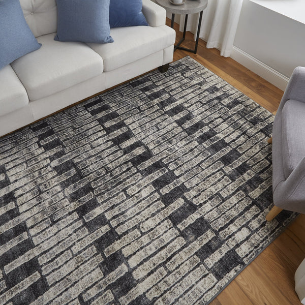Feizy Rugs Kano Low Pile Geometric Rug - Distressed Polypropylene Blend, Stain & Fade Resistant, Versatile Style Gray,Black,Ivory Polypropylene,Polyester 86439lkfchl000g10