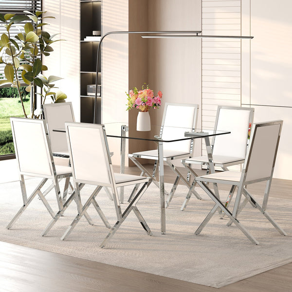 English Elm Table and Chair Set Round Walnut Mdf Top Six Seat Dining with Gold Accent Legs Transparent,White+Silver W1151S04789