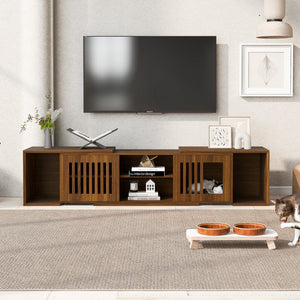 English Elm Mid-Century Extendable TV Stand 54.3"-80" with Hidden Cat House & Litter Enclosure, Walnut Finish N843P255637W