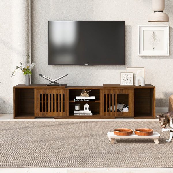 English Elm Mid-Century Extendable TV Stand 54.3"-80" with Hidden Cat House & Litter Enclosure, Walnut Finish N843P255637W
