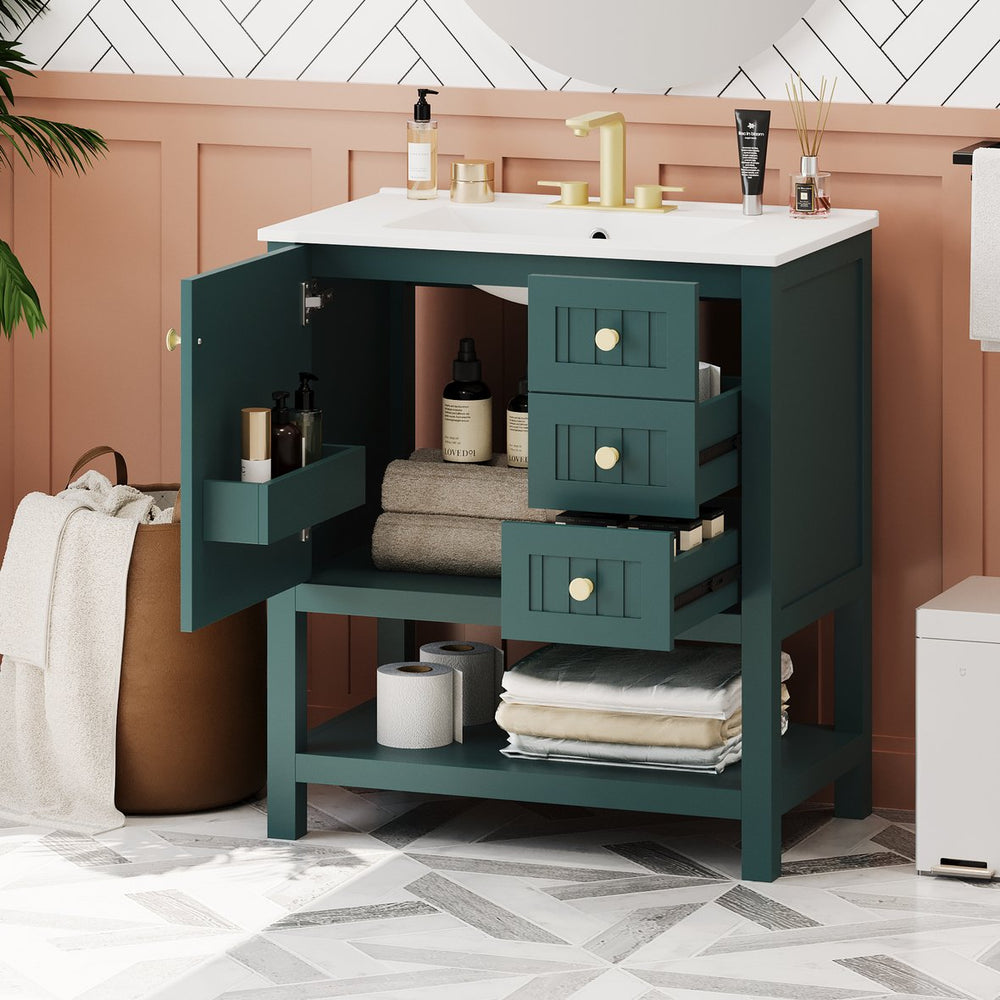 English Elm 30inch Transitional Bathroom Vanity Cabinet Combo with Ceramic Sink, Green Solid Wood MDF, 30"W x18"D, 3pc Storage WF320826AAF