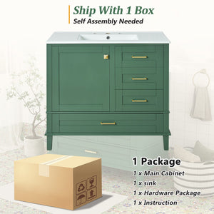 English Elm 36" Green Bathroom Vanity Solid Pine Frame with Soft-Close Door, 3 Varied Drawers & Ceramic Top N729P211167F