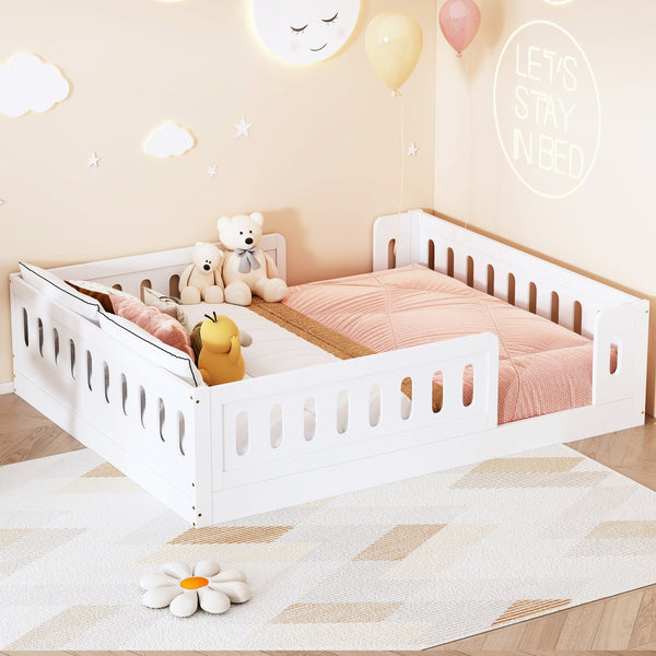 English Elm Wood Full Size Kids Platform Bed Solid Pine Guardrail Low Profile Safe Sleep Frame White N709P321458K