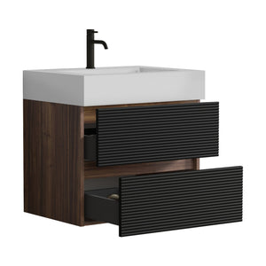 English Elm 24' Mid-Century Wall-Mounted Vanity with Engineered Quartz Basin, Hidden Handle, Extra Storage, Soft-Close Drawers Black+Brown W1865S00170