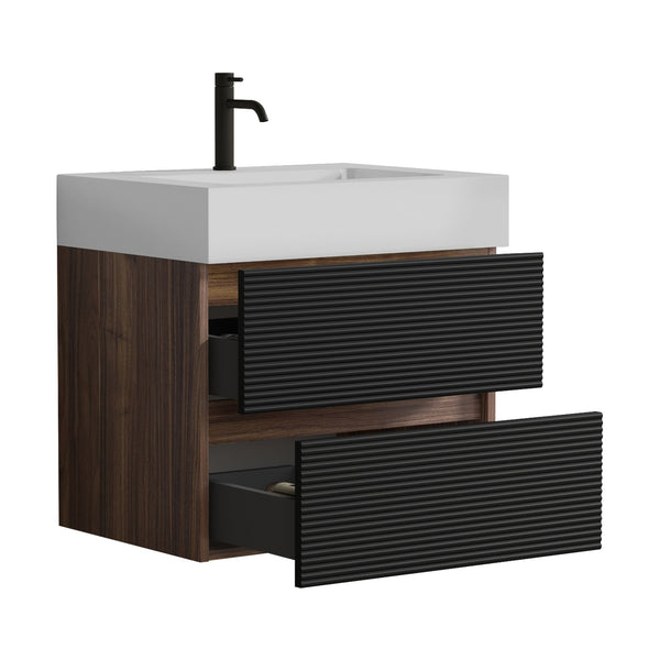 English Elm 24' Mid-Century Wall-Mounted Vanity with Engineered Quartz Basin, Hidden Handle, Extra Storage, Soft-Close Drawers Black+Brown W1865S00170