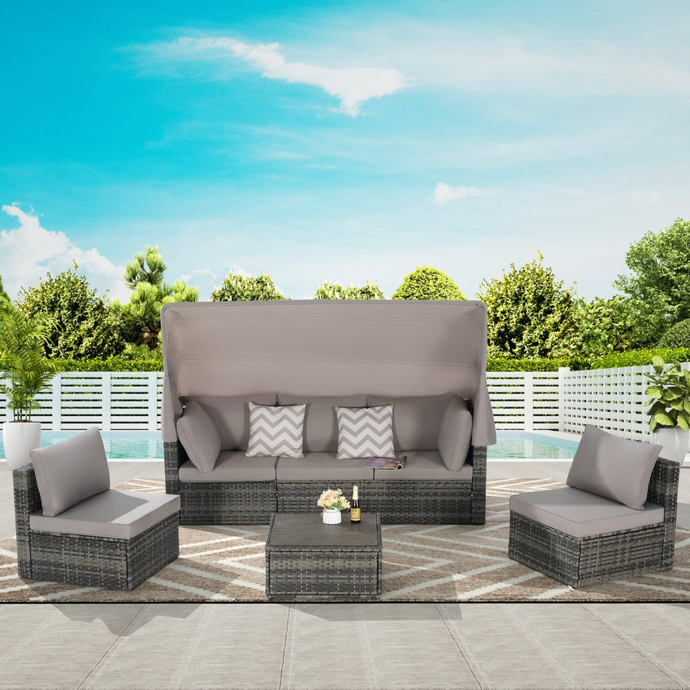 English Elm 5 Piece Outdoor Pe Rattan Daybed Set with Retractable Canopy and Tempered Glass Table Light Gray W874S00031