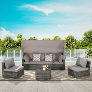English Elm 5 Piece Outdoor Pe Rattan Daybed Set with Retractable Canopy and Tempered Glass Table Light Gray W874S00031