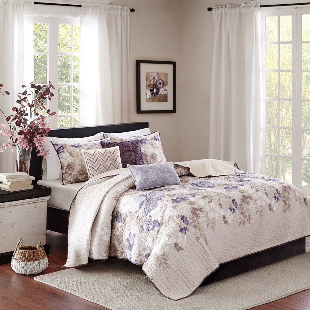 English Elm 6 Piece Madison Park Luna Reversible Quilt Set Full/Queen — Watercolor Floral Taupe Ivory Calm Retreat Multicolor 23.23 L x 18.11 W x 11.42 H B03597427