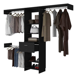 English Elm Cross Closet System premium organizer with one smooth drawer, three metal rods and five open shelves for versatile storage and style Black 82.68 L x 20.48 W x 3.55 H B128S00083