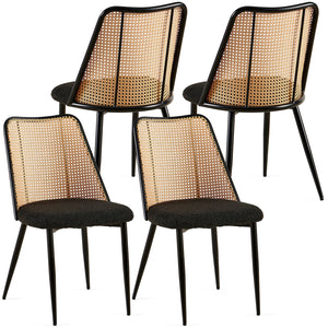 English Elm Black Rattan Dining Chairs Set Of 4 - Chic Boucle Upholstered Seating With Cane Back For Versatile Style W1164P218675