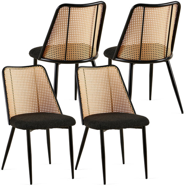 English Elm Black Rattan Dining Chairs Set Of 4 - Chic Boucle Upholstered Seating With Cane Back For Versatile Style W1164P218675