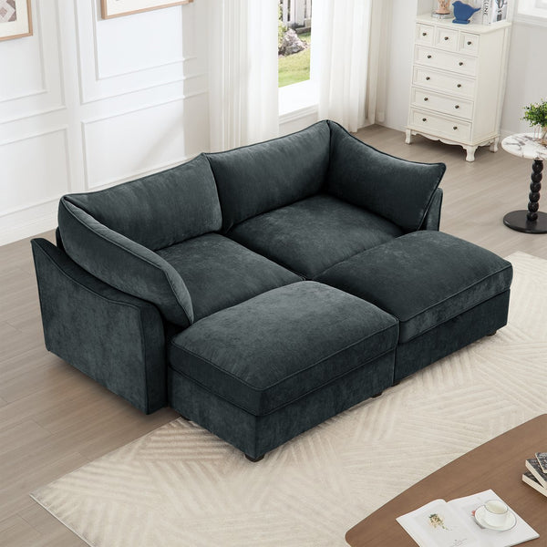 English Elm 2 Seater Sofa With Movable Ottomans & Hidden Storage Drawers - Chic Chenille Comfort & Style W3041S00194