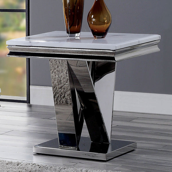 English Elm 1pc End Table Luxe Faux Marble Top with Beveled Edge, Interlocking Pedestal Base, Sleek Metal Finish, 23" Height, Elegant Accent Piece Chrome 28 L x 27 W x 3 H B2741S00434
