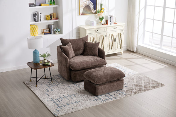English Elm 360° 360 Swivel Oversized Chenille Armchair with Pocket Spring Seat and Three Throw Pillows Brown W1361S00049