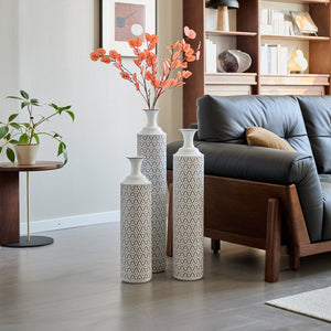 English Elm Floor Metal Vases Set of 3 White & Black Glazed Metal Cylinder Vases Tall Textured Gold Accent Decor W2796P278066