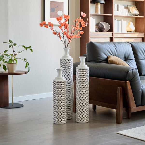 English Elm Floor Metal Vases Set of 3 White & Black Glazed Metal Cylinder Vases Tall Textured Gold Accent Decor W2796P278066