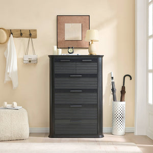 English Elm 6 Drawer Tall Fluted Chest with Waveform Fronts Slim Wooden Storage for Modern Bedroom Black Woodgrain T5326P425102