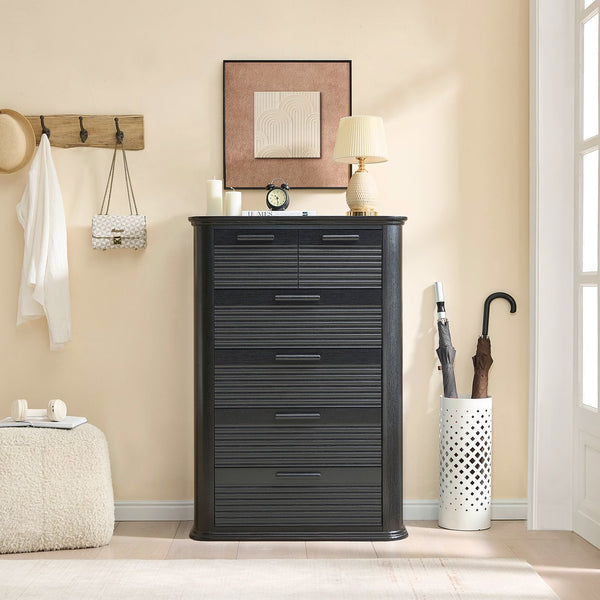 English Elm 6 Drawer Tall Fluted Chest with Waveform Fronts Slim Wooden Storage for Modern Bedroom Black Woodgrain T5326P425102