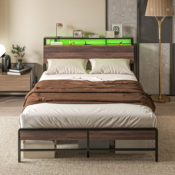 English Elm HOMCOM LED Platform Queen Bed Frame with USB-C Charging Station, 3-Tier Shelf, Noise-Free Support Walnut W2225P249912