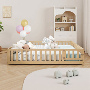 English Elm Full Full Size Floor Platform Bed with Safety Fence and Door, Montessori Toddler Frame with Slats, Sturdy Pine Construction for Secure Sleep and Playtime Natural 77.76 L x 17.52 W x 6.3 H W1716132149