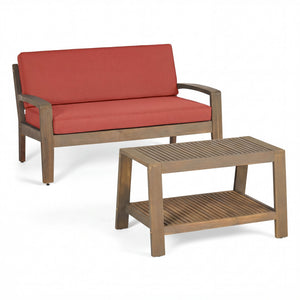 English Elm 2-piece Outdoor Acacia Wood Loveseat Set with Water-resistant Cushions for Patio Decks 57976.00SETFGRY_57976.00SETCUSH-REDSKIN