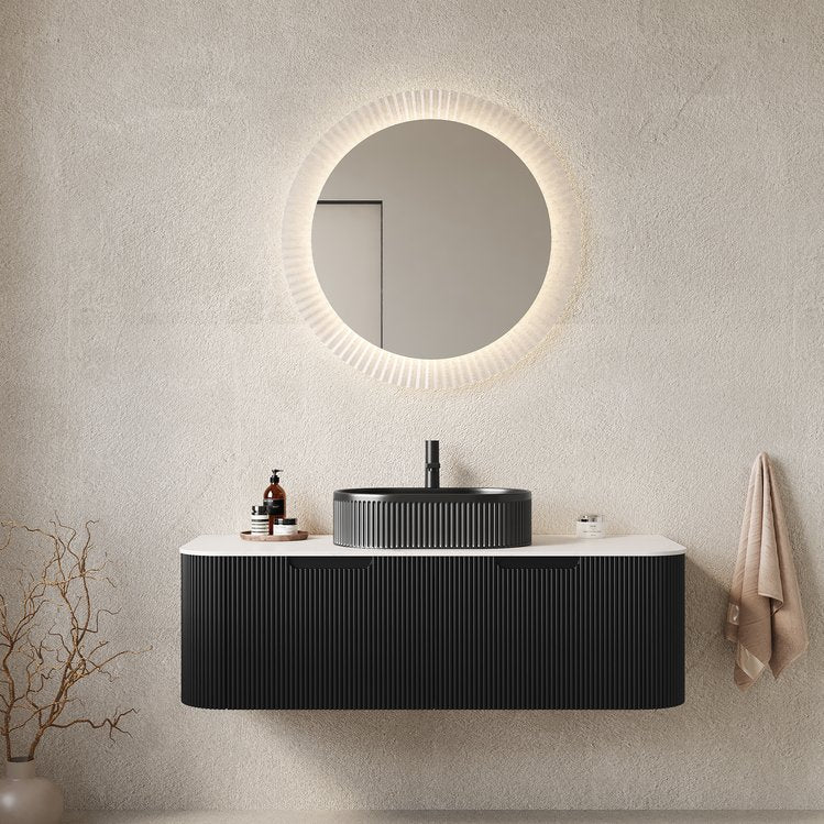 English Elm Dina Floating Bathroom Vanity with Crystal Glass Basin and Sintered Stone Top Black,Carrara White W2615S00199