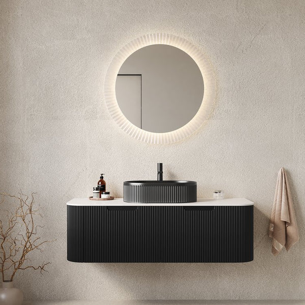 English Elm Dina Floating Bathroom Vanity with Crystal Glass Basin and Sintered Stone Top Black,Carrara White W2615S00199