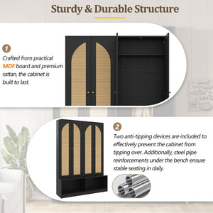 English Elm Rattan Door Hall Tree Bench with 6 Hooks Farmhouse Entryway Storage N721S000074B