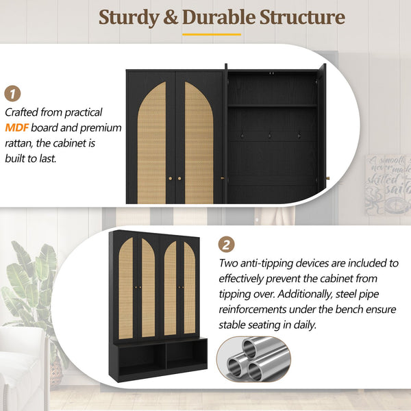 English Elm Rattan Door Hall Tree Bench with 6 Hooks Farmhouse Entryway Storage N721S000074B