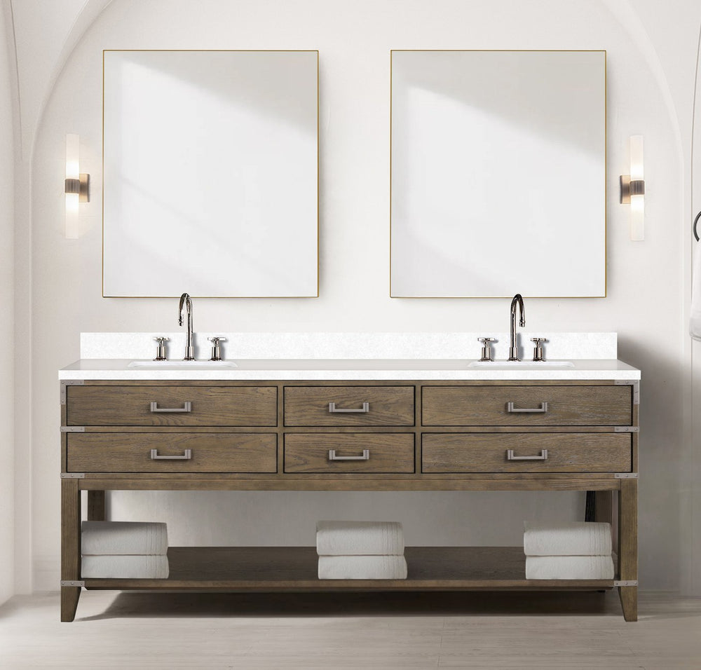 English Elm Grey Oak Double Bath Vanity With Cultured Marble Top, Chrome Faucets & 36” Mirrors For Modern Style B2731S01913