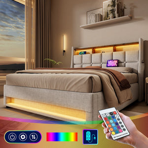 English Elm Queen Upholstered Platform Bed with Hydraulic Storage, LED Lighting, USB Ports & 800LB Capacity Natural AA20690910B