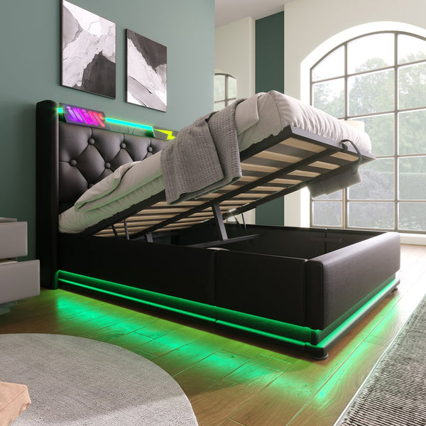 English Elm Twin Upholstered Bed with Hydraulic Storage, Surround LED, App/Remote Control & USB Type-C Charging Black N736P188805B
